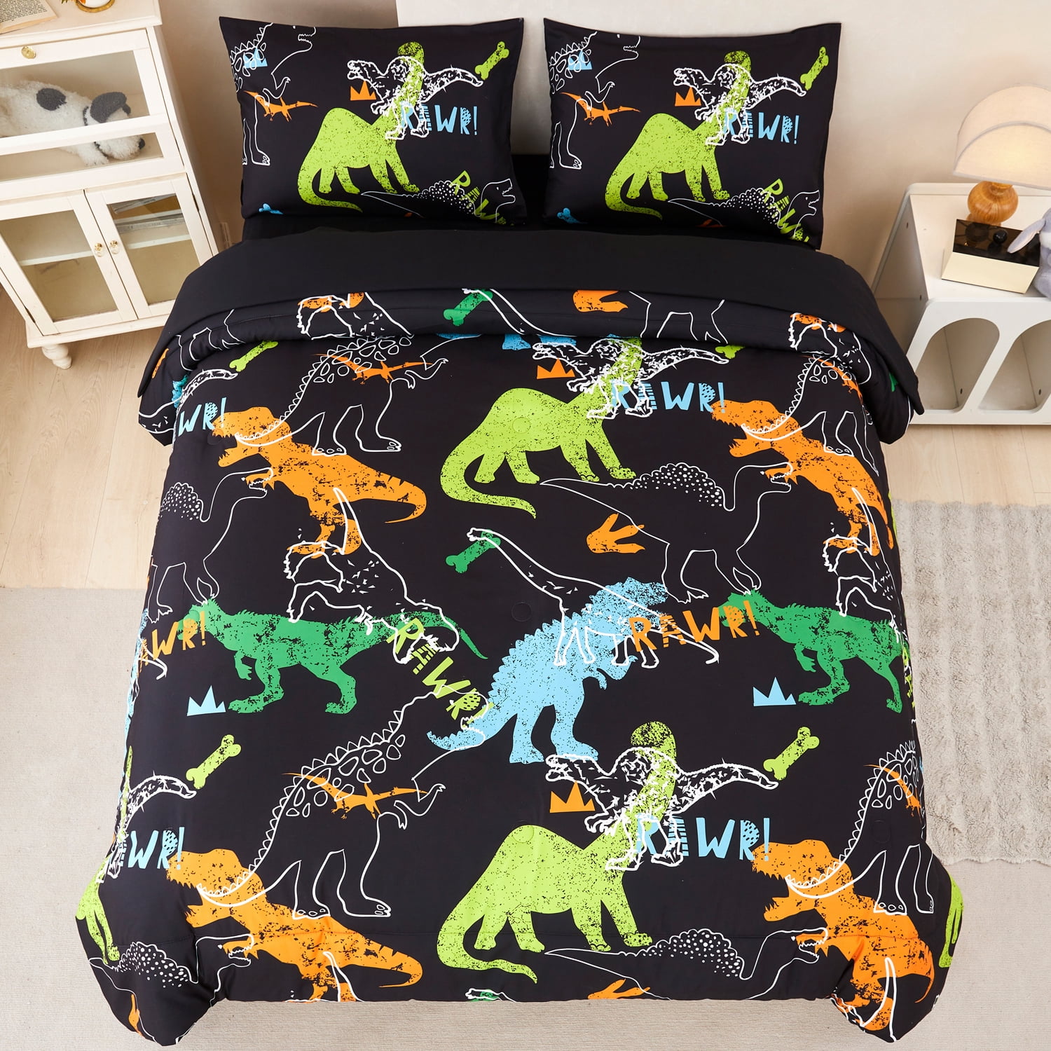 URBONUR 3Pcs Black Dinosaur Queen Comfotrer Set for Boys Kids Teens Colorful Dinosaur Bedding Sets Soft Lightweight Bed Sets with Pillowcases