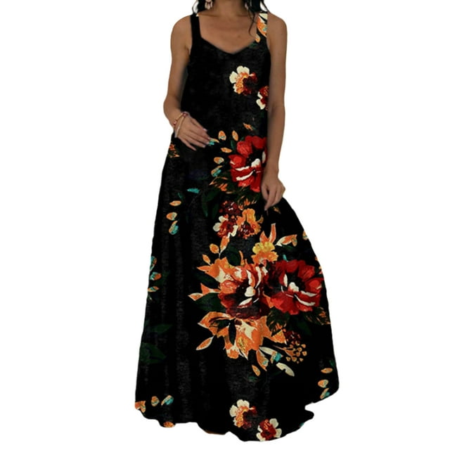 Daeful Robe Débardeur pour Femme, Robe d'Été à Imprimé Floral, Évasée, de Fin de Semaine, Encolure Carrée, Maxi, Été 17# Noir 5TG