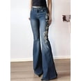 thumbnail image 2 of EMMIOL Women's Mid-Rise Stretchy Flare Bell Bottom Jeans Vintage 90s Y2K Floral Embroidery Denim Pants, 2 of 6