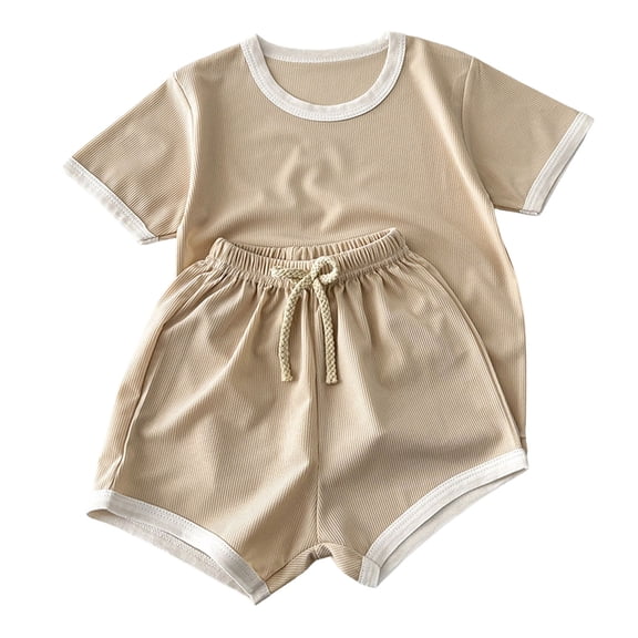 Akiihool Boys Summer Sets Baby Boy Clothes 3 6 12 18 Months Summer Outfit Baseball Embroidery Waffle Short Sleeve Romper & Shorts Set(Beige,18-24 Months)