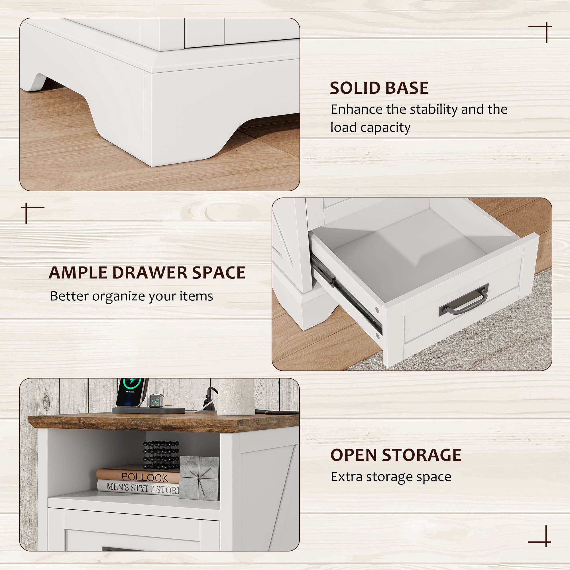 Nightstand with Charging Station, 18'' Farmhouse Bedroom Side Table, Modern End Table, White