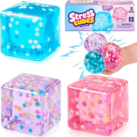 Joyfy 3pcs Ice Cube Squishy Toy, Sensory Squeeze Stress Ball with Snowflakes, Fidget Slow Rise Squishy for Kids and Adults,  Party Favor Gifts