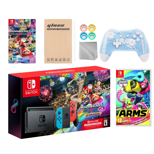 Nintendo Switch Mario Kart 8 Deluxe Bundle: Red/Blue Console, Mario Kart 8 & Membership, Arms, Mytrix Wireless Pro Controller Blue Bamboo and Accessories