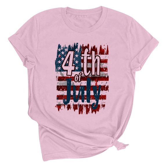 Hvot&aat Women's "4th of July" T-Shirt Patriotic American Flag Print Short Sleeve Crew Neck Casual Tee