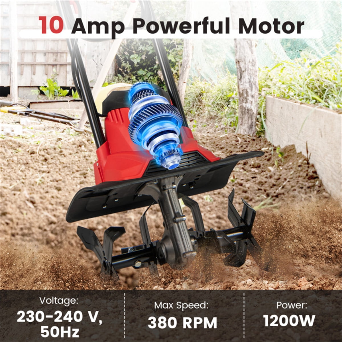 10 Amp Electric Tiller - 1200W Garden Cultivator with 4 Blades 14" Working Width & 9" Depth 380 RPM Foldable Handle & Safety Switch Corded Soil Tiller for Home Gardening