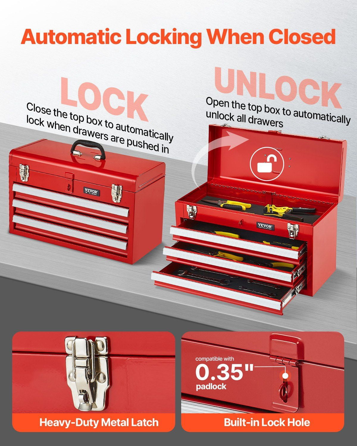 Tool Box 20.5-inch, 3-Drawer Portable Metal Tool Chest with Tray, Red
