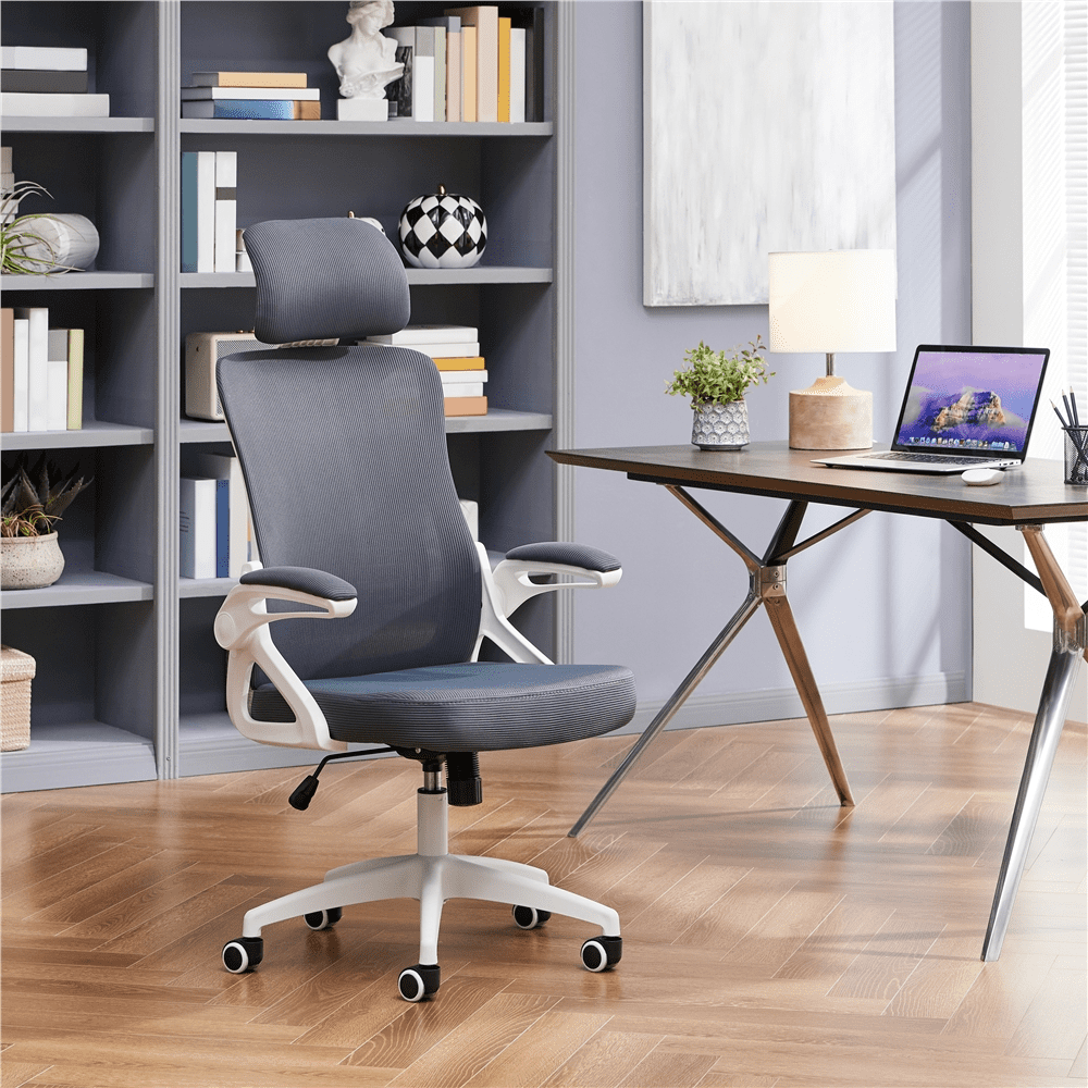 Yaheetech Adjustable High Back Mesh Office Chair with 90° Flip-up Armrest, White/Gray