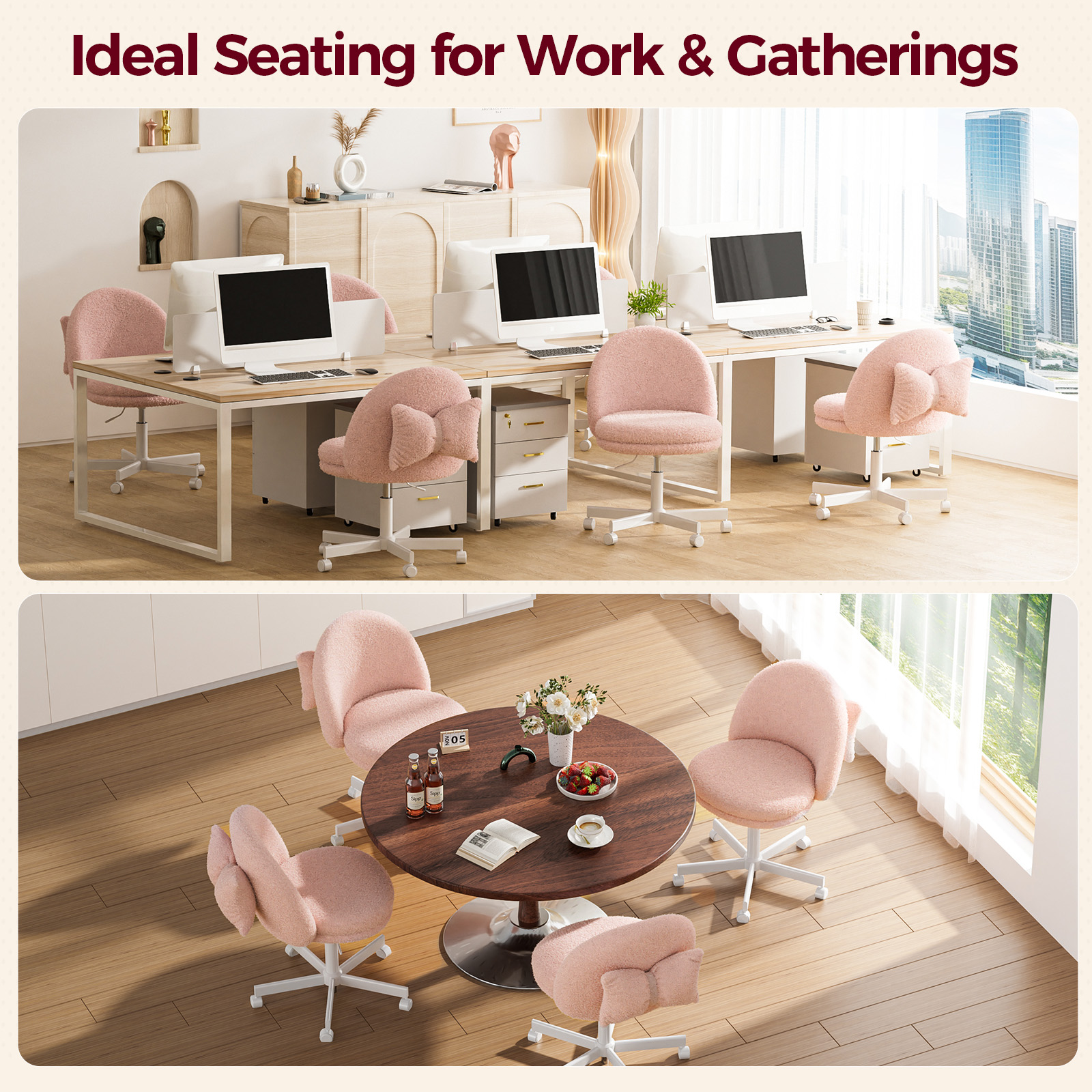 CloudRest Pro Vanity Chair with Back & Wheels, Adjustable Swivel Velvet Stool for Bedroom, Home Office, Pink
