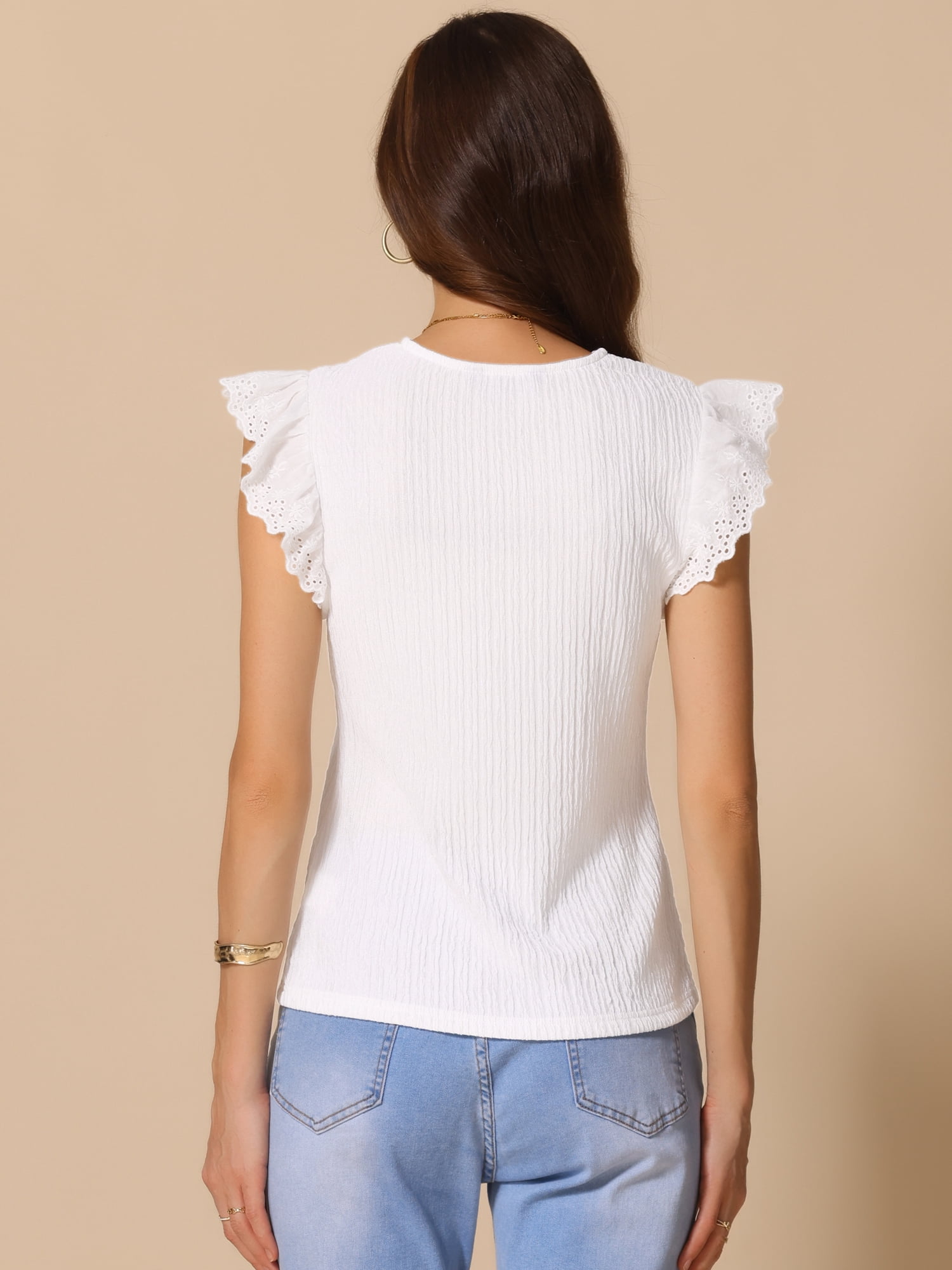 DARING DIVA Women's Cap Short Sleeve Basic Casual V Neck Blouse L White