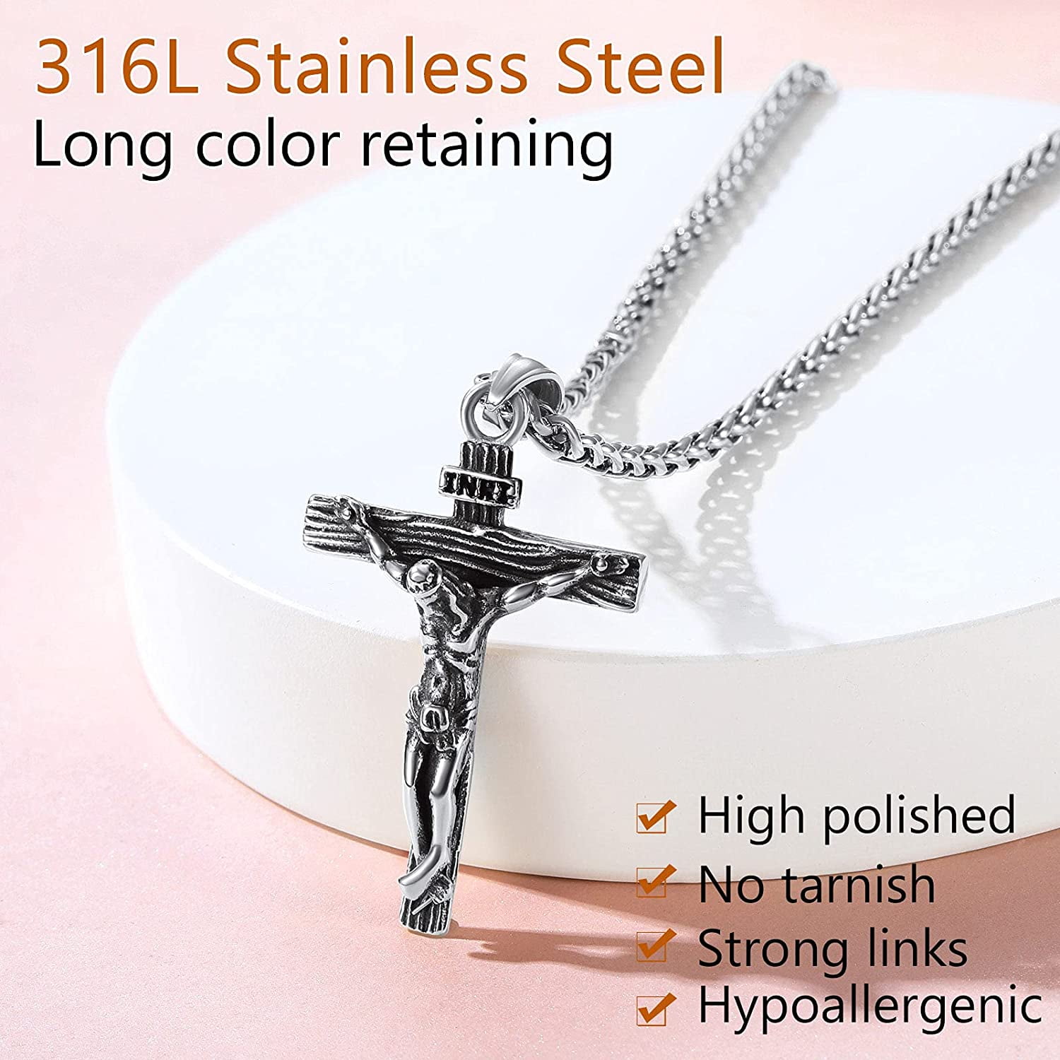 FindChic Men Cross Necklace Christian Crucifix Jewelry Stainless Steel Pendant Chain Jesus Christ Lord's Prayer Pendant with 22inch,Thanksgiving Day Gift Chain