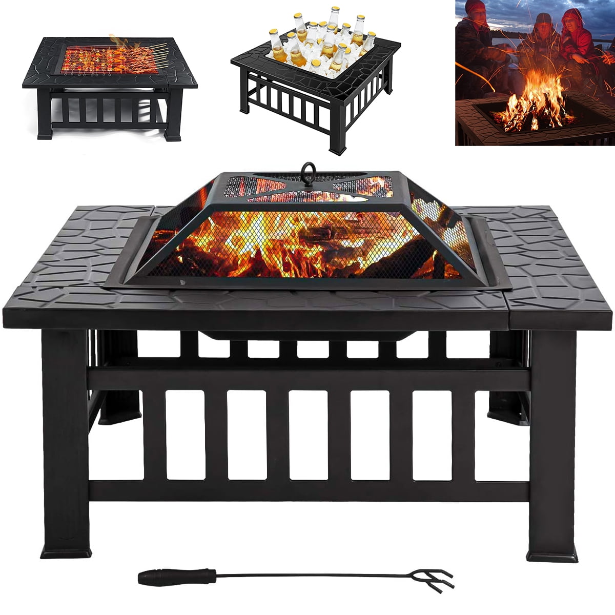 Poker 4 in 1 Square Bowl Wood Burning Fireplace Grill Spark Screen Dining Cover Log Grate 32 Fire Pit Table Outdoor Set Heater Stove/BBQ/Ice Pit Patio Garden Backyard Firepit Mesh Lid 