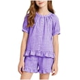 thumbnail image 2 of Amidoa Girls 2 Piece Outfits Summer Clothes Ruffle Sleeve Short Sleeve Cute T-Shirt and Shorts With Pockets Casual Kids Clothing Sets Purple Size 9, 2 of 8