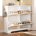 thumbnail image 2 of [Luckynote]42.1"W Mid-Century Narrow Shoe Cabinet, 4 Flip Drawers, 4 Rattan Doors, 2 Silvery Hooks, Freestanding Entryway/Hallway Shoe Organizer, White, 2 of 10