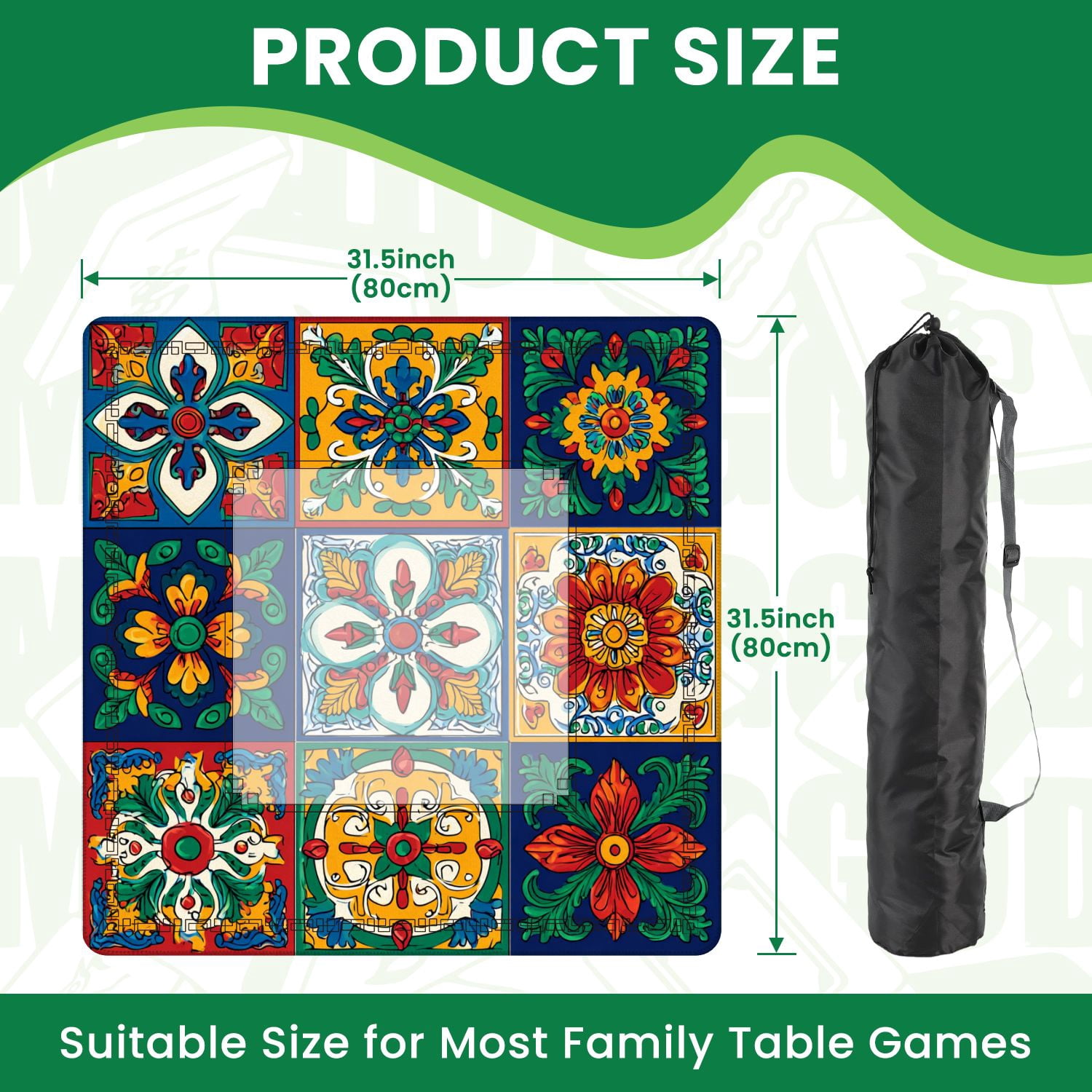 Mahjong Mat 31.5" x 31.5" Mexican talavera ceramic tile seamless Decoration ornamental Non-Slip Noise Reduction American Mahjong Tiles Table Cover for Dominoes Poker Card Board Games Gift