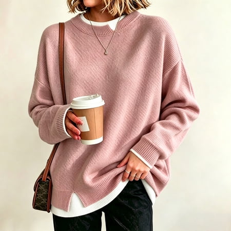 Women Crewneck Sweatshirts Long Sleeve Loose Fit Fall Pullover Tops Teacher Outfits Side Slits Faux Layered Crew Neck Drop Shoulder Cowboy Chic Clothes Warm Soft Cozy Shirts Pink S