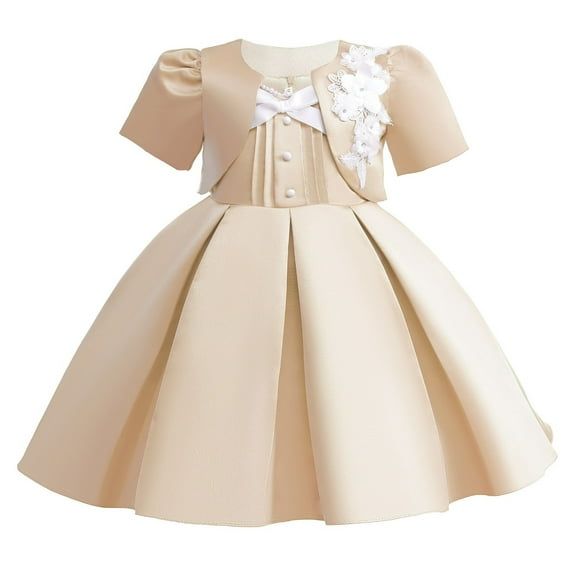 NAISIBABY Girls Princess Dress, Sleeveless Pleated Dress Bow Satin Formal Pageant Dress with Cardigan 2 Piece Set Khaki 6T