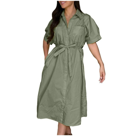 Ltctricy Women's Shirt Dress Cotton Short Sleeve Button down Collared Belted Midi Dress Summer Casual Dresses with Pockets