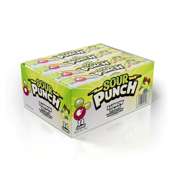 Sour Punch Straws, Rainbow BCF26 Fruit Flavors, Chewy Sweet & Sour Candy, 2oz Tray (24 Pack)