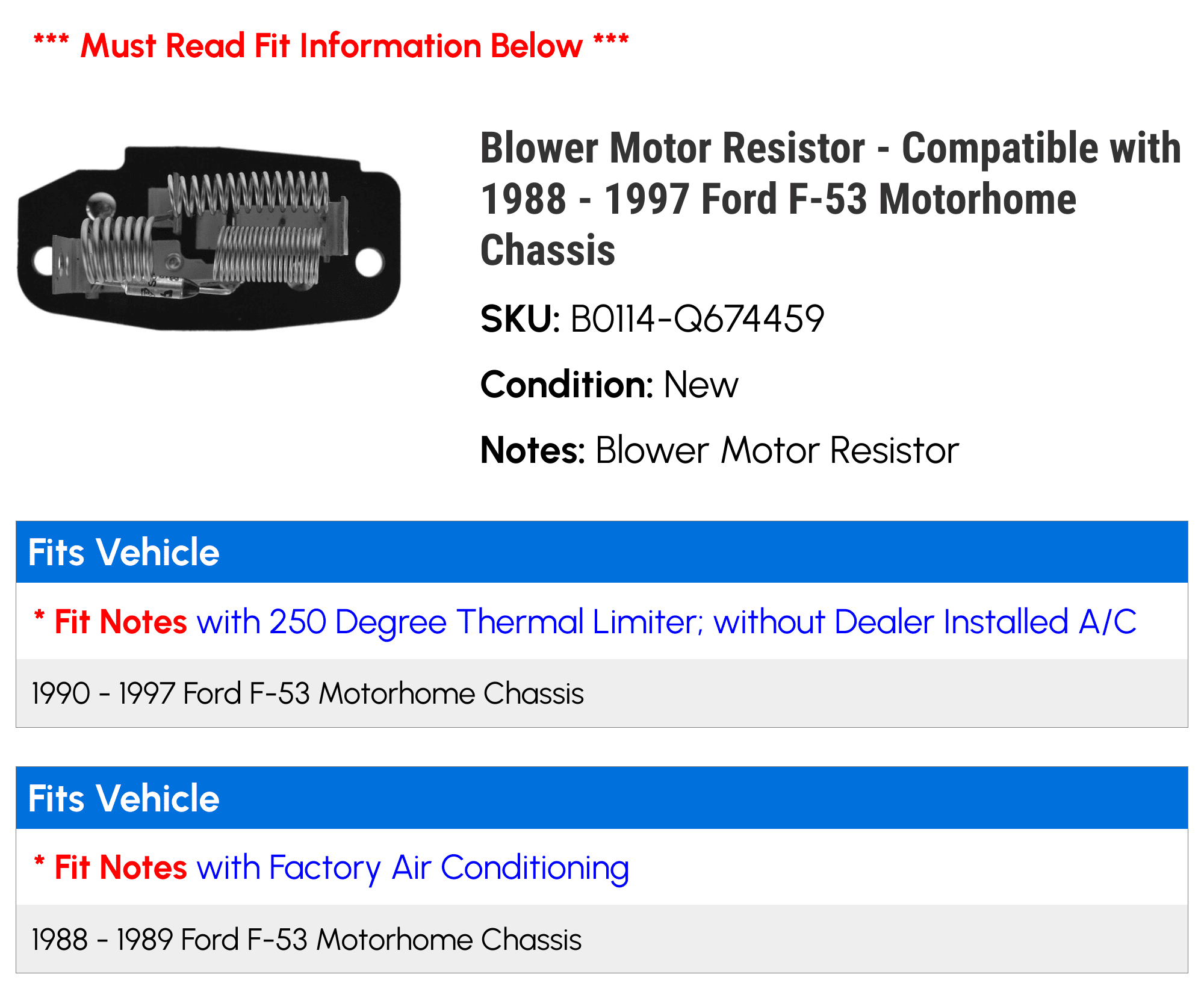 Blower Motor Resistor - Compatible with 1988 - 1997 Ford F-53 Motorhome Chassis 1989 1990 1991 1992 1993 1994 1995 1996