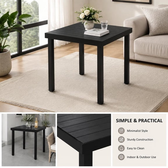 Outdoor Dining Table, Aluminum Rectangular Patio Table for 4, Wood-Like Slat Top, Black