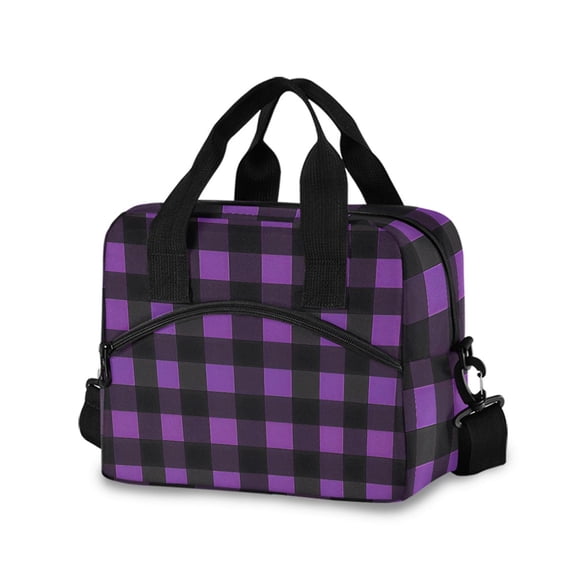 joogoo Purple Checkered Grid Pattern Insulated Lunch Bags Reusable Cooler Box with Shoulder Strap
