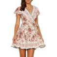 thumbnail image 1 of SURJDE Women’s Summer Wrap V Neck Bohemian Floral Print Ruffle Swing A Line Beach Mini Dress, 1 of 7