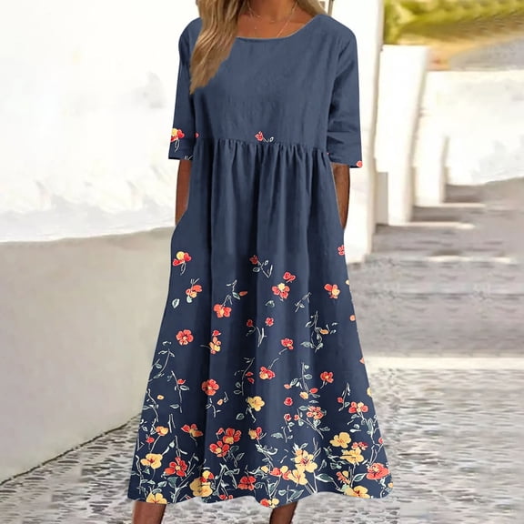 Ailaofu Women Summer Short Sleeve Midi Dress with Pockets Casual Aline Flowy Tshirt Dress Floral Vocation Beach Sundress