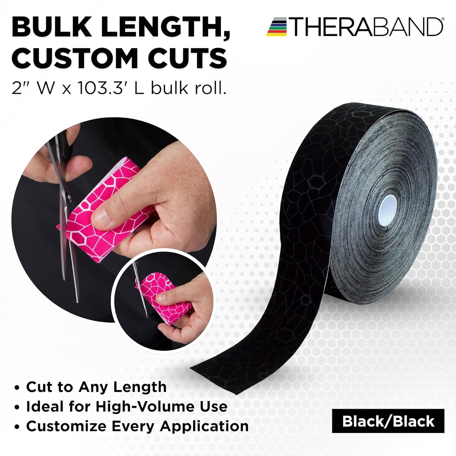 THERABAND Kinesiology Tape, Black/Black, 2"x103.3', Bulk Roll