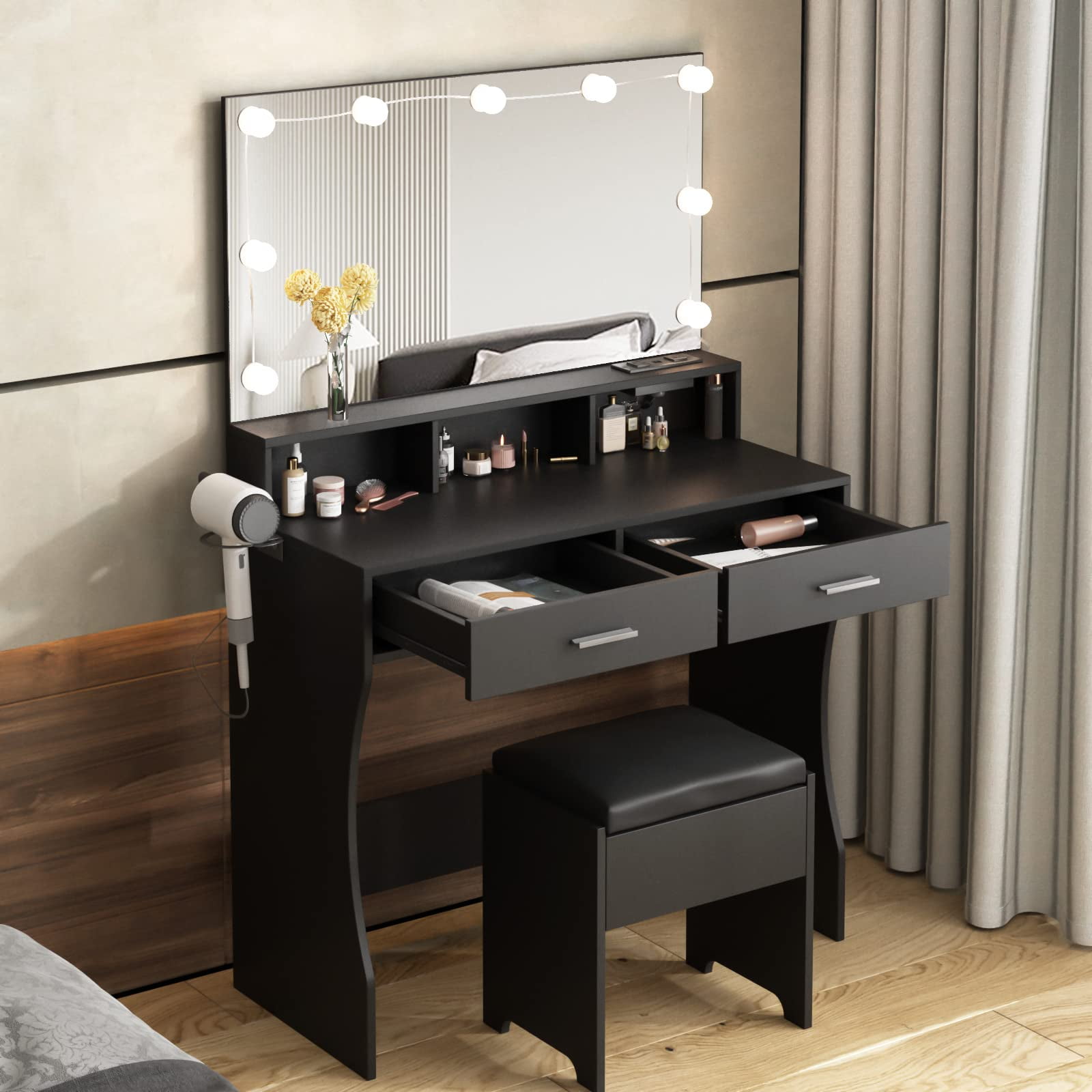 Black Makeup Vanity Set Dressing Table with Sliding LED Lighted Mirror  Power Strip and Hair Dryer Holder, Drawers, Stool