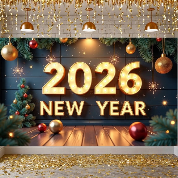 Golden Numerals New Year 2026 Banner Festive Lights 2026 Celebration Display Christmas Ornaments Pine Branches Holiday Background for New Year Party 2026 Celebration Holiday Gathering
