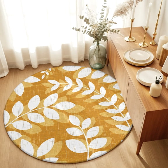 Ochre Orange Leaves Round Area Rug 4 FT,Non Slip Indoor Outdoor Rug,Farmhouse Botanical Branch Vintage Boho Washable Soft Circular Carpet Non-Shedding Floor Mat for Coffee Table Nursery Foyer Balcony