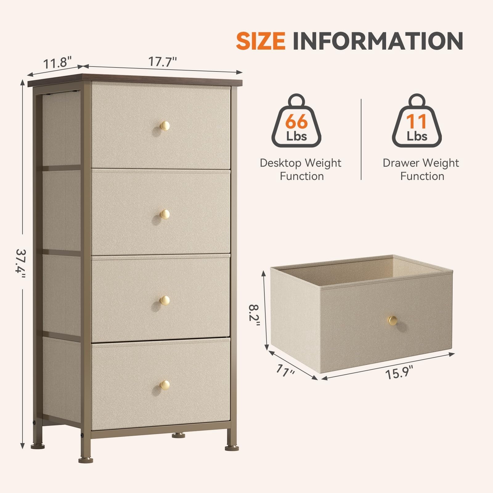 Telyra 4-Drawer Fabric Dresser 37.4" Tall Storage Tower with Wood Top and Steel Frame Narrow Organizer, Khaki