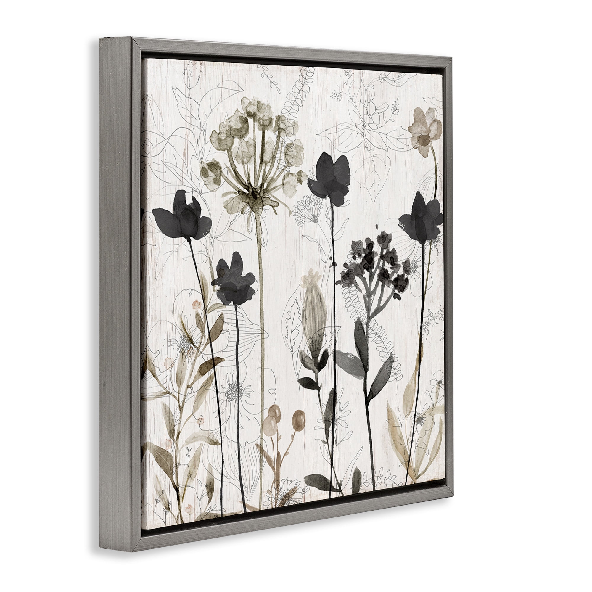 Stupell Industries Abstract Overlapping Flower Sprigs Botanical & Floral Painting Gray Floater Framed Canvas Art Print Wall Art, 18 x 18