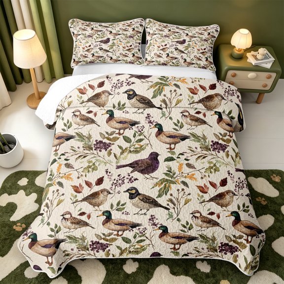 Manfei Green Billed Waterfowl Print Quilt Full,Vintage Mallard Duck Full Bedspread Sets,3-Piece,1 Coverlet and 2 Pillowcases