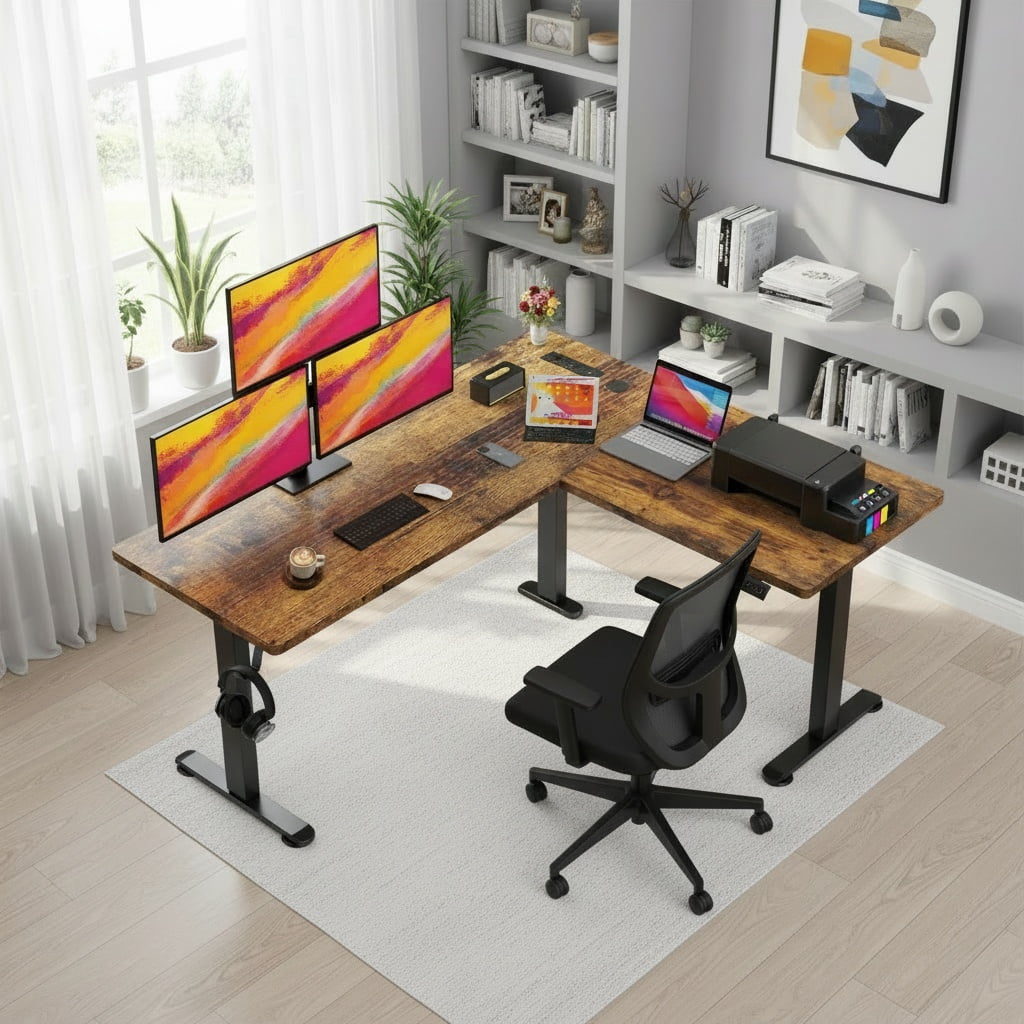 Legooin 63x55 inch L-Shaped Standing Desk with Power Strip, Height Adjustable Sit Stand Desk, with Headphone Hook and Cable Management, for Home Gaming Room Office Dorm, Brown