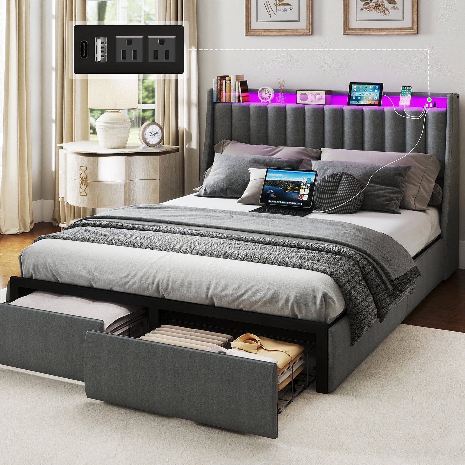 DRNANLIT Full Size Bed Frame with 2 Drawers & 2-Tier Storage Shelf Upholstered Bed Frame with Headboard & Storage & LED Lights & Charge Station, Gray