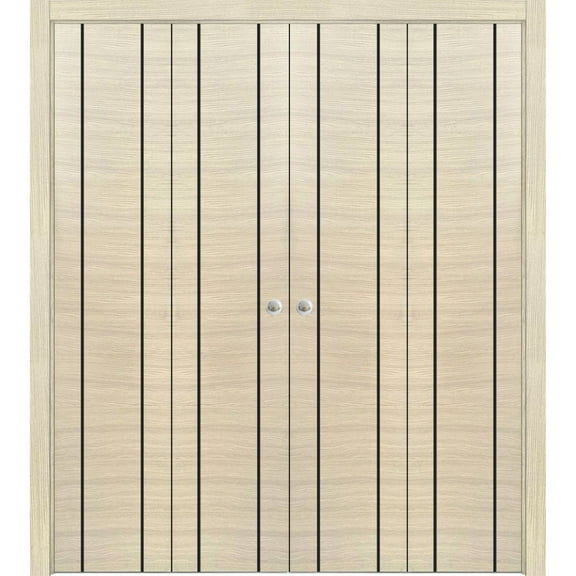 Sliding Closet Double Bi-fold Doors | Planum 0017 Natural Veneer with Frosted Glass | Sturdy Tracks Moldings Trims Hardware Set | Wood Solid Bedroom Wardrobe Doors