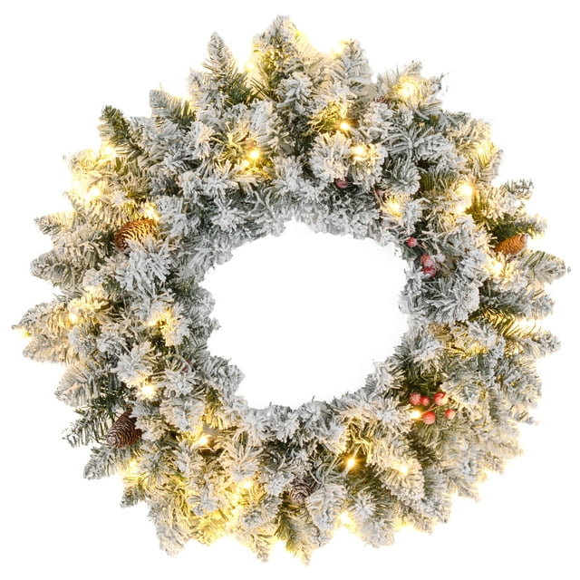 HOMCOM Couronne de Noël Pré-Éclairée de 24 Pouces avec Pommes de Pin et Baies Vert