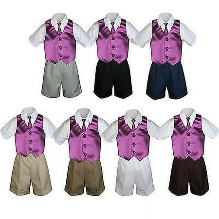

4pc Set Boy Toddler Formal Dark Gray Vest and Necktie Black Khaki Shorts S-4T