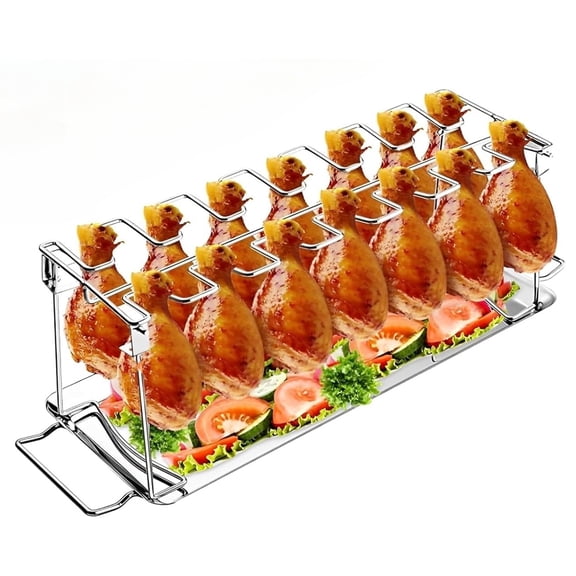 Stainless Steel Cooking Roasting Rack with Drip Pan - 14-Slot Holder for Chicken Legs & Wings, for Smoker, Grill, Oven & BBQ