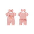 thumbnail image 2 of BemeyourBBs Newborn Baby Girl Summer Clothes Infant Baby Girl Little Sister Outfits Ribbed Romper 0 3 6 Months Cutest Little Sister Letter Print Short Sleeve Jumpsuit with Headband Set, 2 of 9