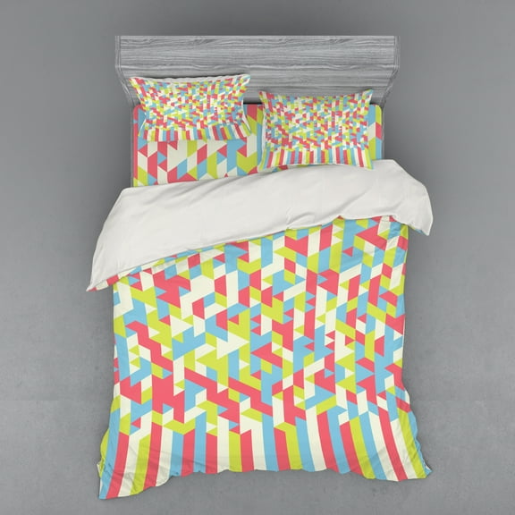 Ambesonne Geometric Bedding Set 4 Pcs, Psychedelic Gradient, Queen, Dried Rose Apple Green