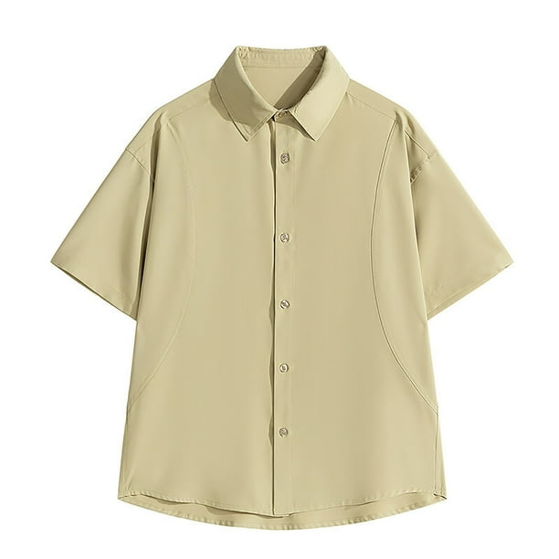 pstuiky Camisas de vestir de manga corta para hombre, Camisa de manga larga vintage informal de color liso con solapa y botones para hombre camisas casuales para hombre xxl