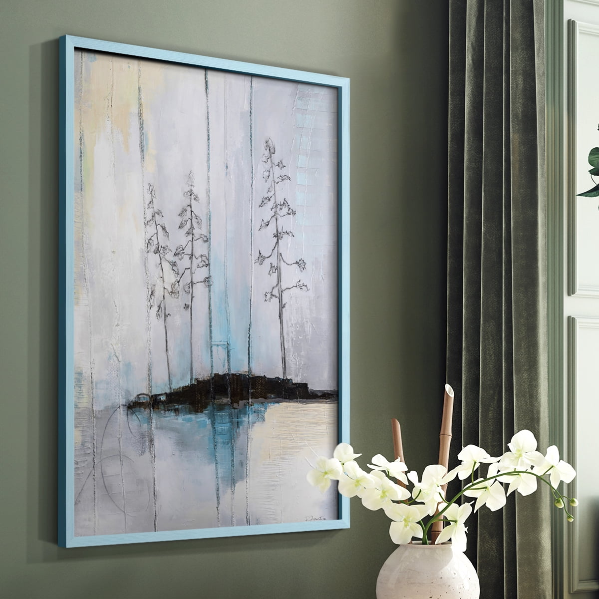 In the Company of Three in Blue Solid Wood 11 x 14 Framed Print