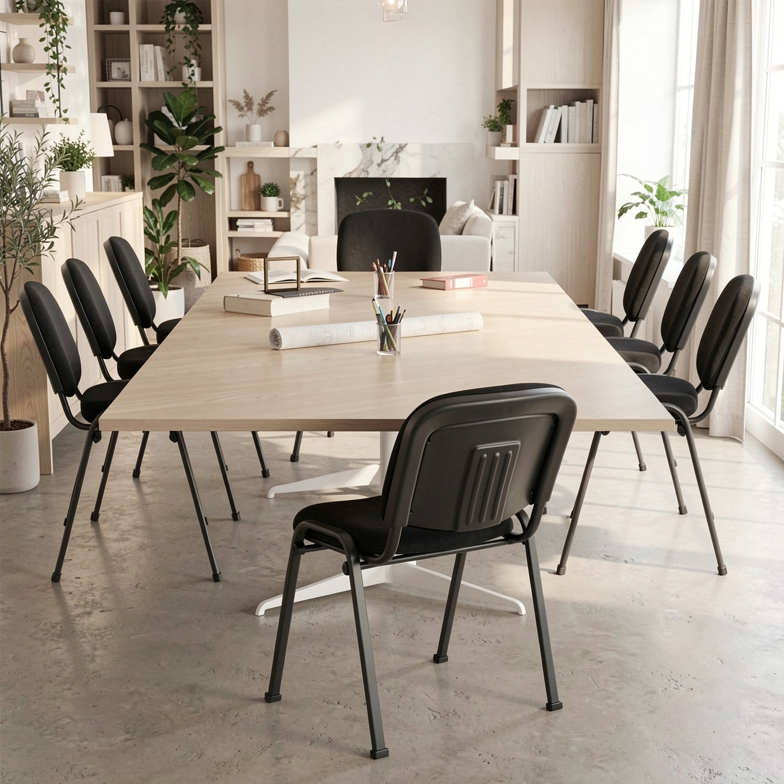 Furnibear Conference Chair Set of 5, Stackable Reception Office Guest Chair with Linen Padded Seat and Metal Frame for Meeting Waiting Room, Black