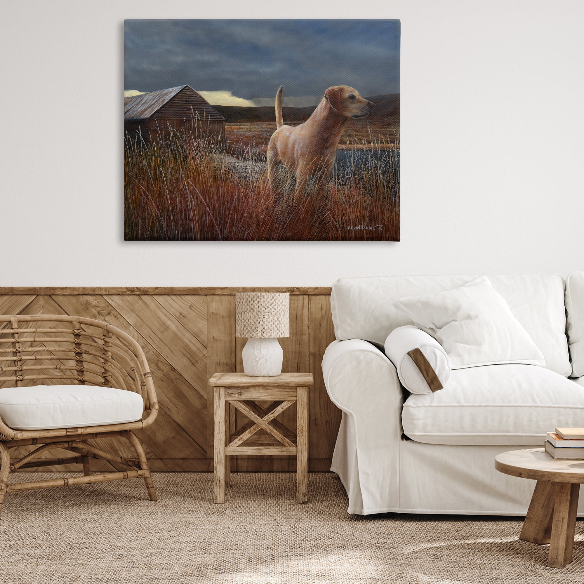 Stupell Industries Alert Dog by Cabin Landscape & Nature Painting Wrapped Canvas Art Print Wall Art, 48 x 36