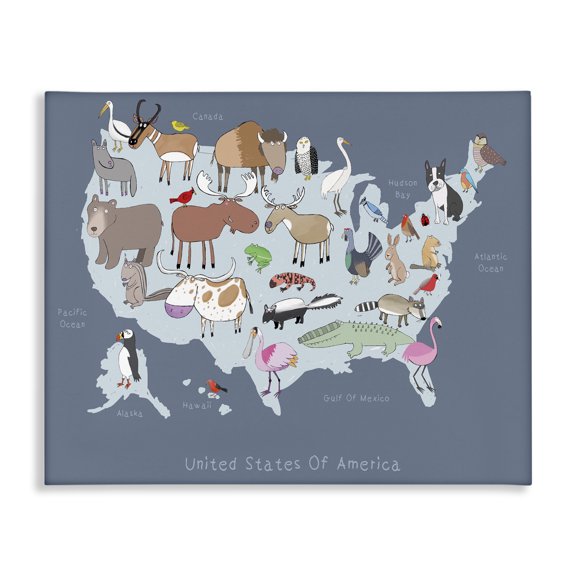 Stupell Industries Eclectic United States Map with Playful Animal Illustrations Canvas Art, 40 x 30, by Carla Daly
