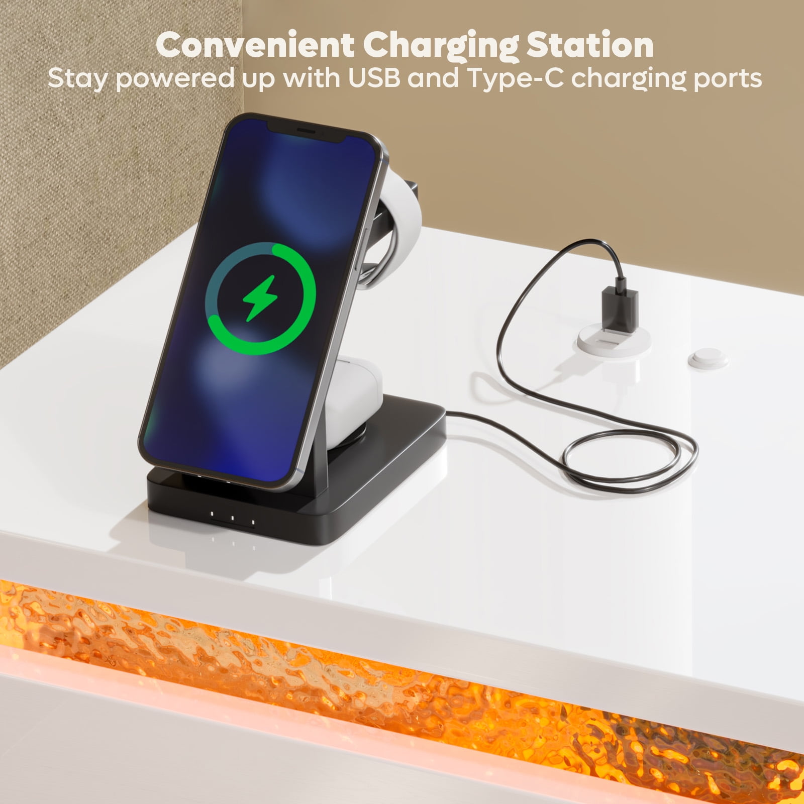 Pinmoco LED Nightstand with Charging Station, Modern End Side Table with Drawer and Open Storage for Bedroom, White
