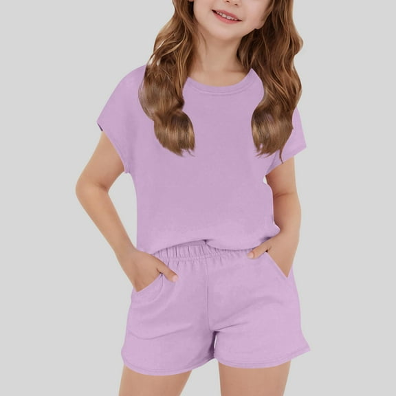 NAISIBABY Girls Outfit Sets 2PC, Solid Short Sleeve T-Shirt Elastic Waist Shorts Kids Summer Casual Clothes Purple 9-10T