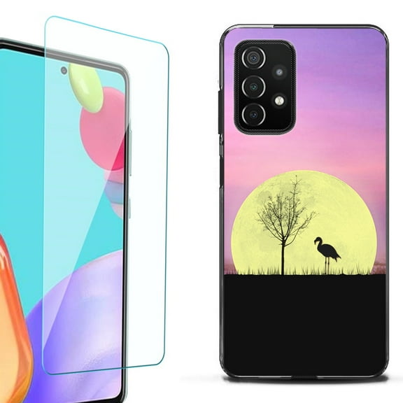Slim-Fit Flexible TPU Gel Phone Case (black) for Samsung Galaxy A52 5G, with Tempered Glass Screen Protector, by OneToughShield ® - Moonlight Flamingo